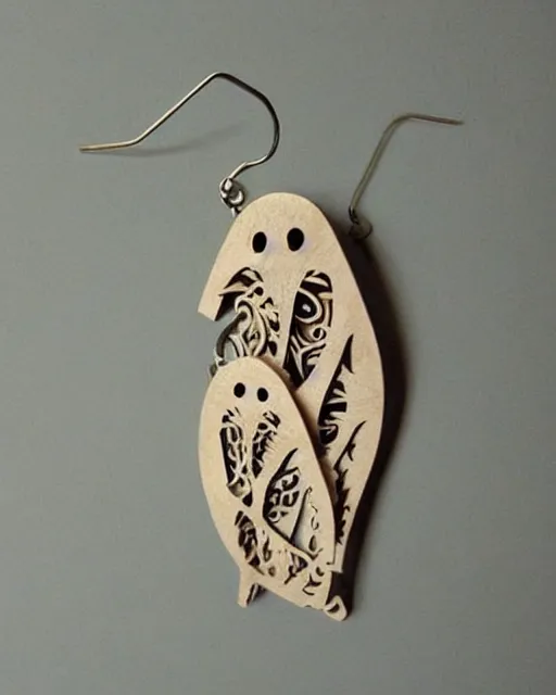 Prompt: cute funny ghost, 2 d lasercut wood earrings, ultra realistic, concept art, intricate details, highly detailed, trending on artstation, trending on deviantart