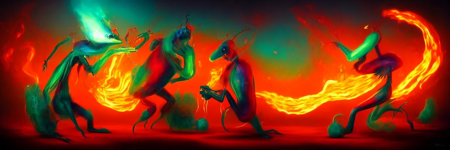 Image similar to whimsical surreal fiery plankton creatures, surreal dark uncanny painting by ronny khalil