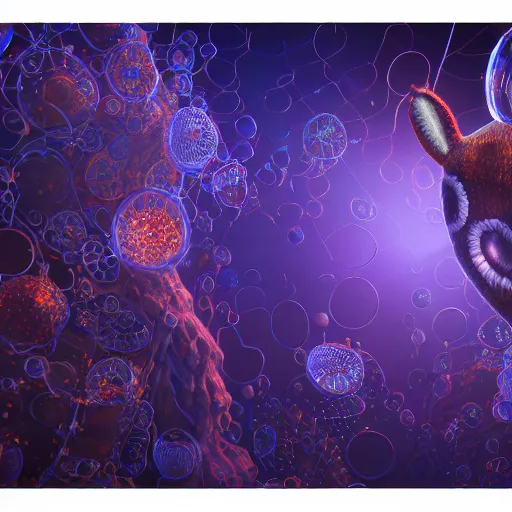 Prompt: the fourth dimension, expressive eyes, floating, rbc, radiolaria, protophyta, micro - organisms, center frame, symmetric, rim light, marine microbiology, bioluminescence, electric, fur, soft, concept art, intricate details, highly detailed, colorful, photorealistic, disney pixar, octane render, iridescent, anime, 8 k