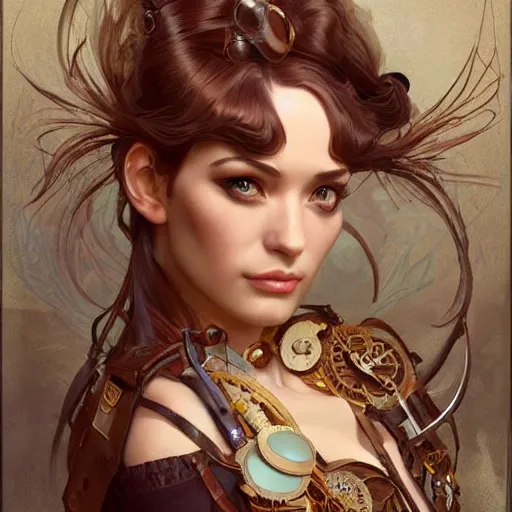 Image similar to Three quarters old portrait of a stunning female steampunk, highly detailed, digital painting, art by Stanley Lau and Artgerm and magali villeneuve and Alphonse Mucha, artstation, octane render, cgsociety