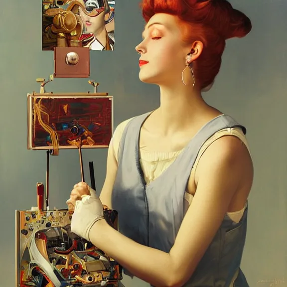 Prompt: robot artist painting a self - portrait on a canvas. intricate, highly detailed, photorealistic, film still, by alexandros pyromallis, gil elvgren, sachin teng.