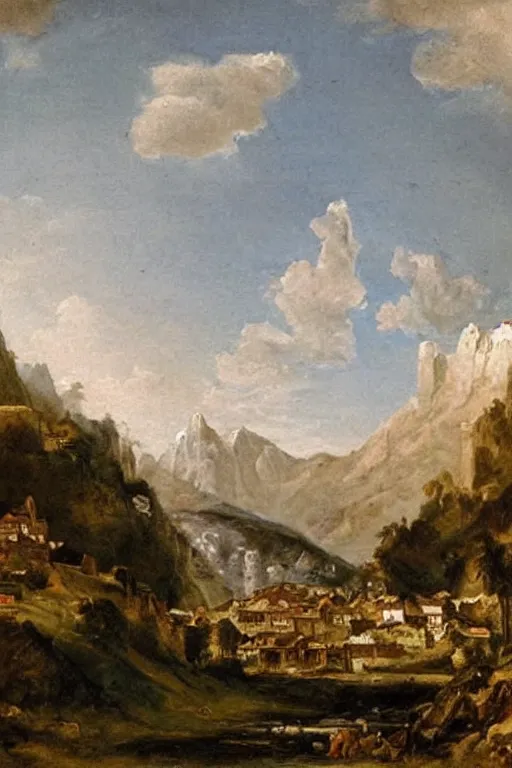 Prompt: a beautiful oil painting of a quaint village with mountains by Bartolomé Esteban Murillo