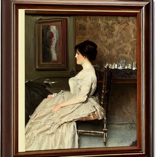 Prompt: seamstress working on a ballroom dress by alfred stevens