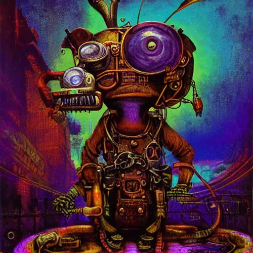 Image similar to steampunk rat, acid, 303, psychedelic, by paul lehr