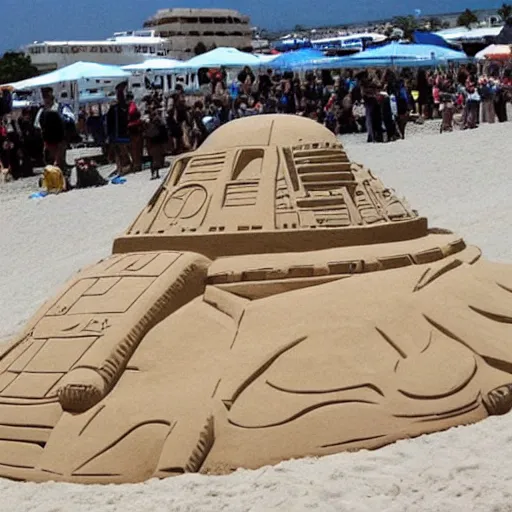 Image similar to a huge sand sculpture of starwars star destroyer