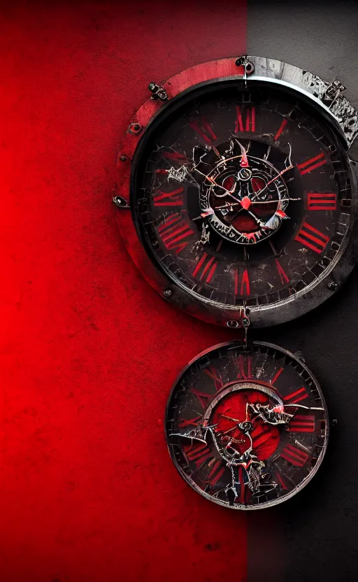 Image similar to a melting Roman numeral clock, behind a red and black gradient background, dynamic lighting, photorealistic fantasy concept art, trending on art station, stunning visuals, cinematic, creative, ultra detailed