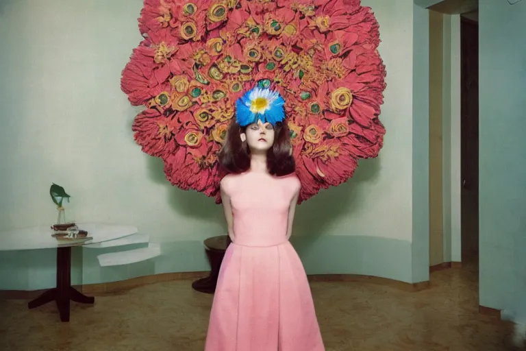 Image similar to giant flower head, girl standing in 1 9 6 0 s hotel, surreal photography, symmetry, mid century, liminal space, detailed, wes anderson