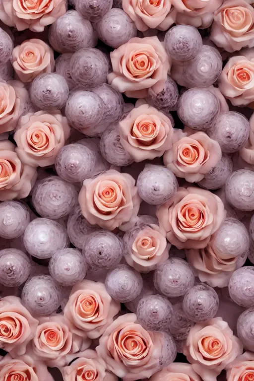 Image similar to a swarm of milky crystal quartz spheres with pupils that look like eyes. peach roses, Trending on artstation. halo. octane render, cinematic, hyper realism, octane render, 8k, depth of field, 3D