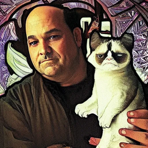 Image similar to “ george costanza from seinfeld holding grumpy cat aloft, halo, art nouveau, by alphonse mucha ”