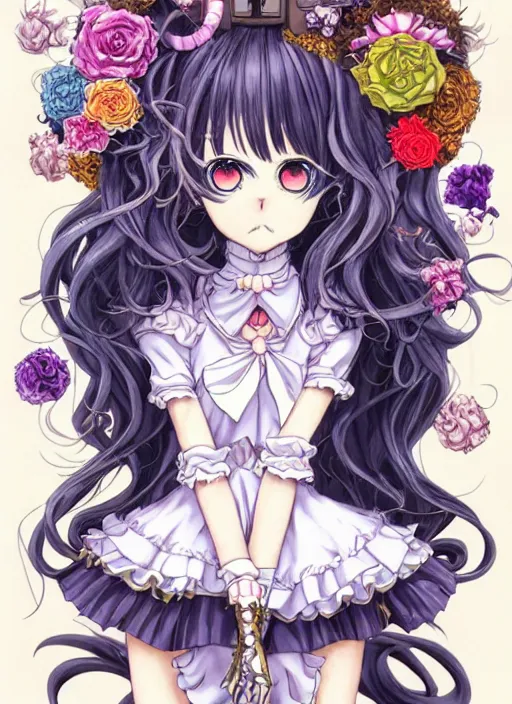 Image similar to fantastic manga character design of beautiful cat girl witch with a robot, curls hair, rococo ruffles dress, rosette, symmetrical face, cute, fairy, by mai yoneyama, takeshi obata, katsuhiro otomo, kelly mckernan, detailed background, illustration, artstation, concept art, highly detailed, colorful, maximalist