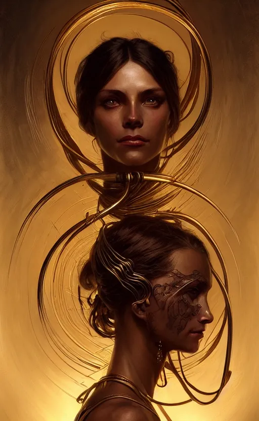 Prompt: portrait of a dark goddess, gold wires, visible veins, intricate, headshot, highly detailed, digital painting, artstation, concept art, sharp focus, cinematic lighting, illustration, art by artgerm and greg rutkowski, alphonse mucha, cgsociety