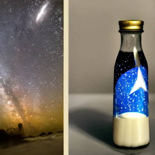 Prompt: the milky way inside a bottle of milk, a glass milk bottle filled with stars