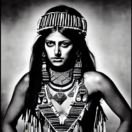 Prompt: full body photo portrait of attractive aztec beauty in temple, old photo, highly detailed, fashion photography, black and white, by Annie Leibovitz