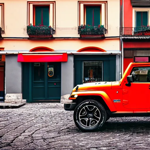 Image similar to Abstract Jeep Wrangler inspired by Italian pizza sauce, in front of a pizza shop in Italy, 4k photography