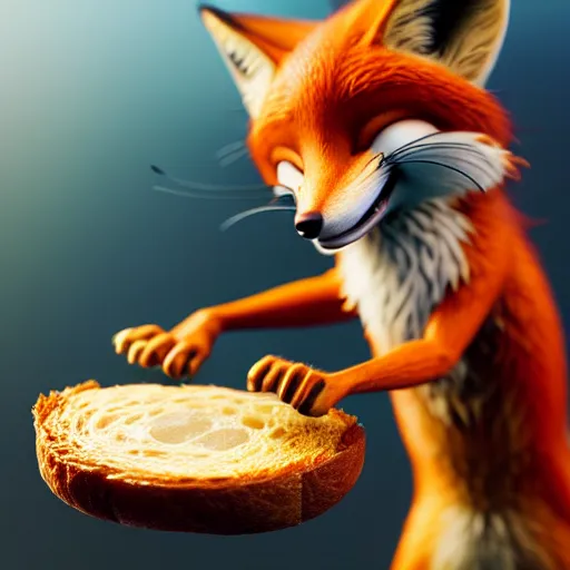 Prompt: weta disney pixar movie still macro close photo of smiling anthropomorphic fox holding on nose a bread with face : : by weta, greg rutkowski, wlop, ilya kuvshinov, rossdraws, artgerm, octane render, iridescent, bright morning, anime, liosh, mucha : :