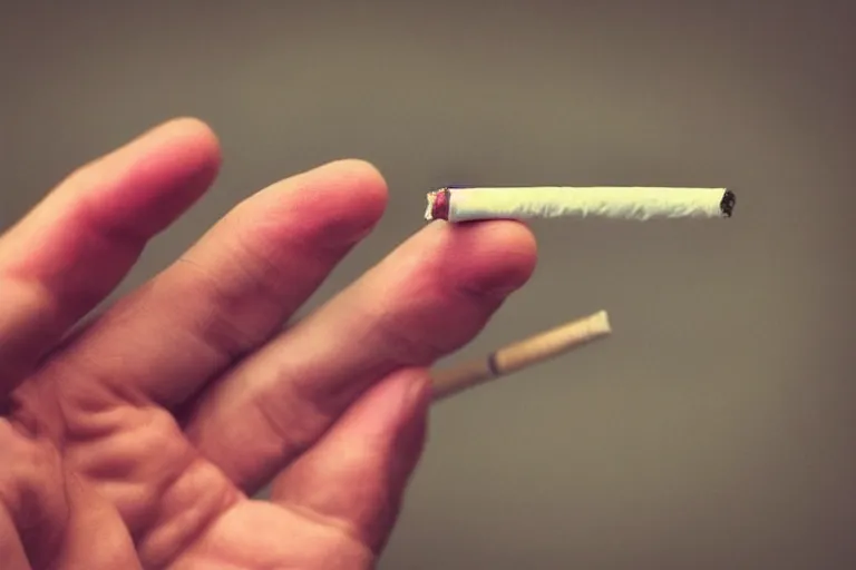 Image similar to cigarette in five fingers, thin soft hand holding cigarette, hyper realistic, natural