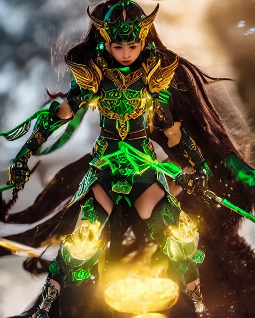 Prompt: a beautiful Asian elf ranger with long hair and green eyes, no helmet, wearing green and gold futuristic mecha armor, with ornate rune carvings and glowing lining and weapons , very detailed, shot in canon 50mm f/1.2