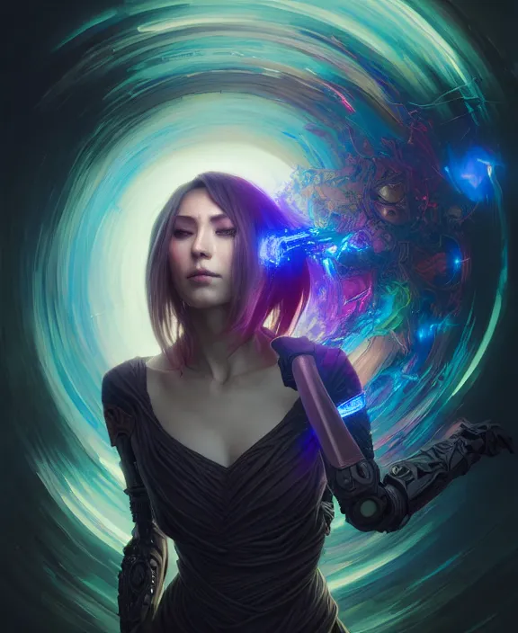 Image similar to a whirlwind of souls rushing inside the metaverse, half body, glowin eyes, android, cyborg, cyberpunk face, by loish, d & d, fantasy, intricate, elegant, highly detailed, colorful, vivid color, digital painting, artstation, concept art, art by artgerm and greg rutkowski and alphonse mucha and ruan jia