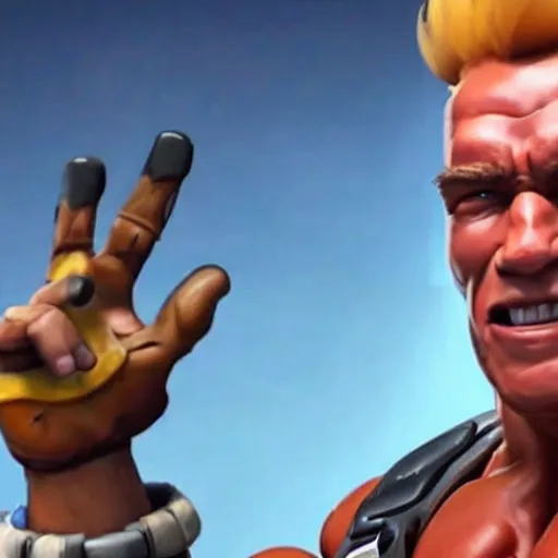 Image similar to a screenshot of arnold schwarzenegger as junkrat in overwatch