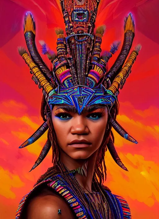 Image similar to portrait of zendaya, hyper detailed ultra sharp aztec shaman warrior. trending on artstation, warpaint aesthetic, bloodwave, colorful, psychedelic, ornate, intricate, digital painting, concept art, smooth, sharp focus, illustration, art by artgerm and greg rutkowski and h. r. giger, 8 k