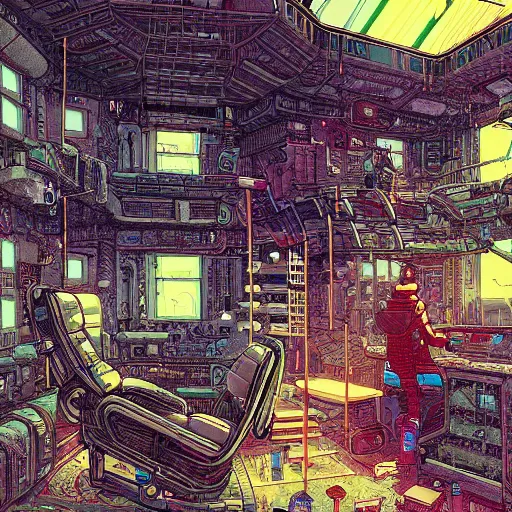 Image similar to Stunningly intricate illustration of a cyberpunk explorer playing video games in his treehouse, highly detailed, midnight, by Victo Ngai and James Gilleard , Moebius, Laurie Greasley