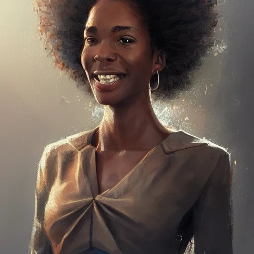 Image similar to Portrait of a woman by Greg Rutkowski, she is about 30 years old, mulato, afro hair, attractive, beautiful smile, beautiful look, she is wearing a futuristic lawyer outfit, highly detailed portrait, scifi, digital painting, artstation, concept art, smooth, sharp foccus ilustration, Artstation HQ