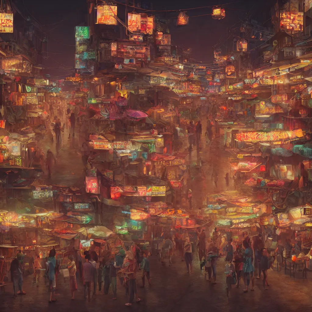 Image similar to A beautiful hyper realistic detailed matte painting of an alleyway night market with dimmed neon lighting , trending on artstation, artstationHD, artstationHQ, unreal engine