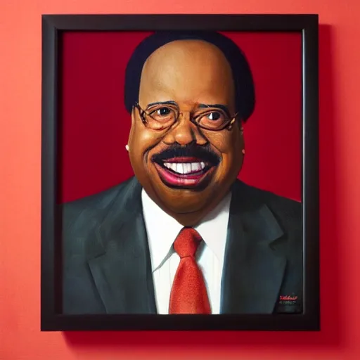 Prompt: ( ( ( portrait of leslie david baker as stanley hudson of the office television series ) ) ) a painting by igor kazarin, head to waist, light coming from the right side, red background