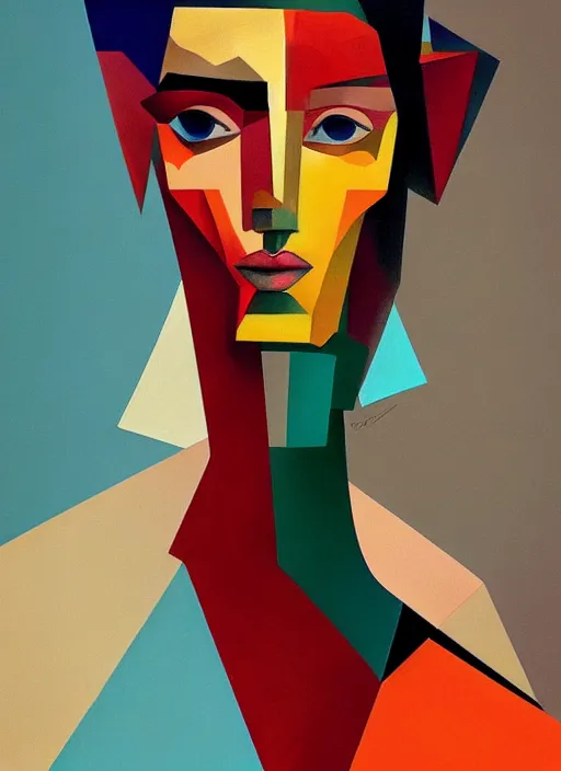 Prompt: a cubism portrait of a woman with very long legs vibrant color scheme, highly detailed, in the style of romanticism, cinematic, artstation, moebius, greg rutkowski