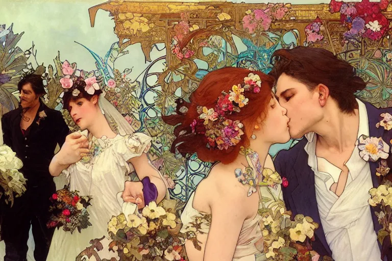 Image similar to the groom kisses the bride at a wedding full of flowers, bright and happy, dreamlike art, highly detail, 4 k realistic, wedding photoy krenz cushart. artem demura. alphonse mucha. yoji shinkawa artgerm. jon lothian. danilo torres. adi meyers. thomas reimann. gaston bussiere.