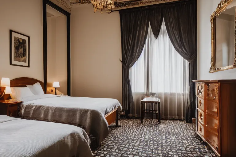 Prompt: hotel bedroom from the 1 9 2 0 s trending on unsplash 3 2 k intricate contest winner award winning detailed medium shot