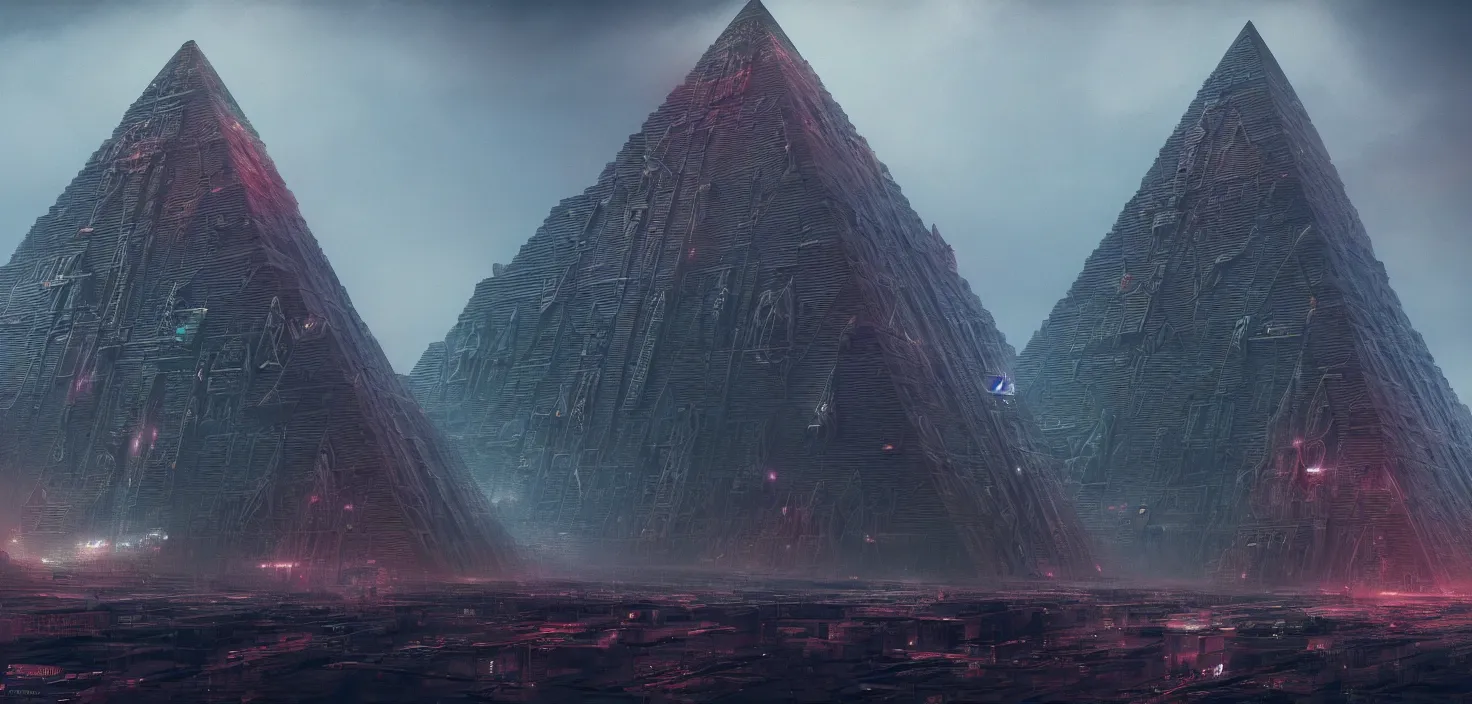 Image similar to cyberpunk egiptian pyramid overview, HR Giger, Wadim Kashin, in Zdzisław Beksiński color scheme, featured in artstation, octane render, cinematic, elegant, intricate, 8k