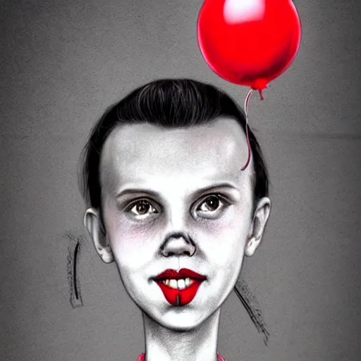 Image similar to surrealism grunge cartoon portrait sketch of millie bobby brown with a wide smile and a red balloon by - michael karcz, loony toons style, pennywise style, horror theme, detailed, elegant, intricate