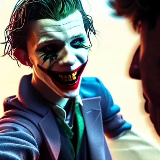 Prompt: selfie of tom holland as young joker, fine detailed face, long hair, stunning 3 d render inspired art by greg rutkowski and xiang duan and thomas eakes, realistic, highly detailed attributes and atmosphere, dim volumetric cinematic lighting, 8 k octane detailed render, post - processing, masterpiece,