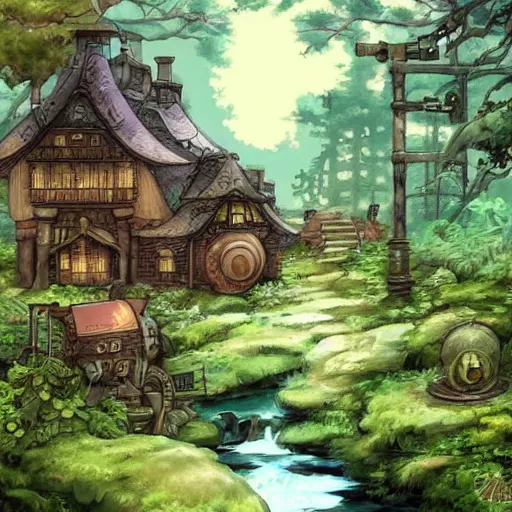 Prompt: Studio Ghibli steampunk cottage in the woods by a stream by Hayao Miyazaki