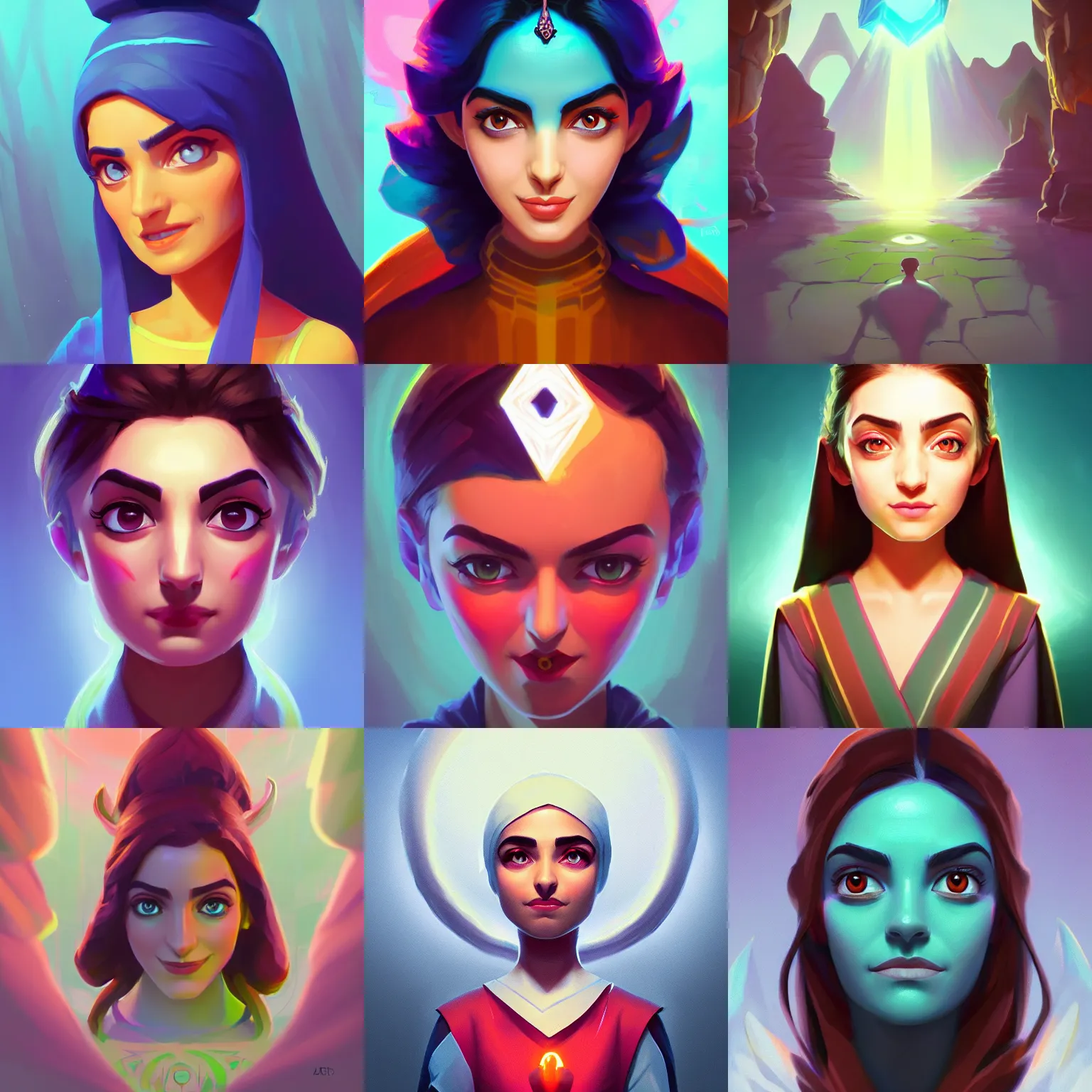 Prompt: head-on symmetrical centered painted portrait, Maya Ali as a mage, matte painting Arcane DOTA pixar, maya engine on stylized background splash comics global illumination lighting artstation, by RHADS, Lois van baarle, ilya kuvshinov, rossdraws