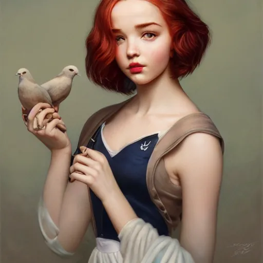 Prompt: tom bagshaw portrait, beautiful mix of dove cameron madison beer bella poarch in a full sailor suit, short redhead, professionally retouched, focus eyes, ultra realistic soft painting, insanely detailed linework, symmetrical accurate intricate features, behance, 8 k, no text