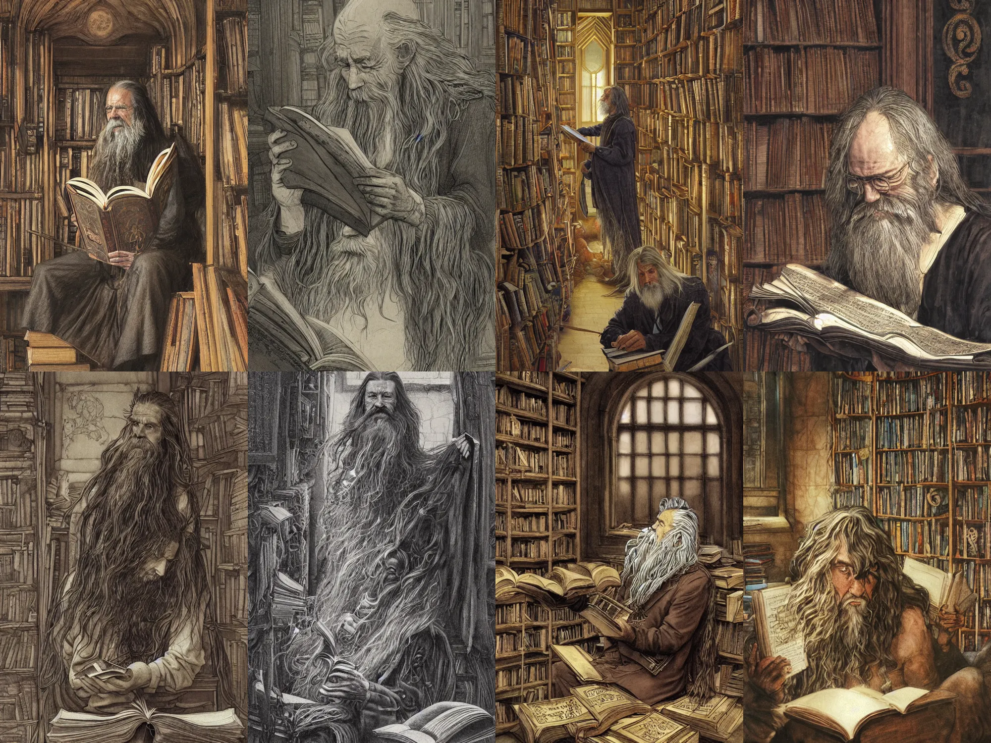 Prompt: a man with long hairs reads an old celtic book, old library with old books and scrolls in the background, art by alan lee and James Jean and Wayne Barlowe, high detail, cinematic, cgsociety 8k