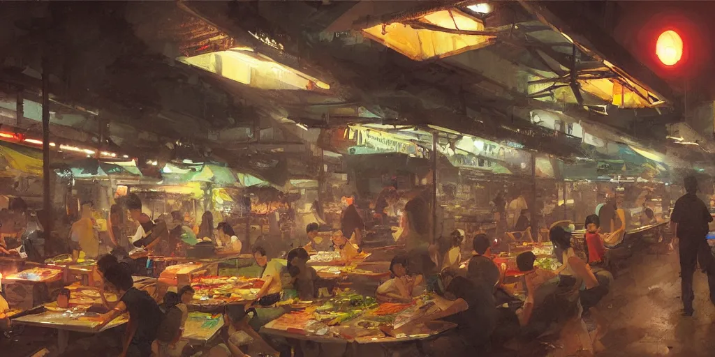 Image similar to a singaporean hawker centre at night, by greg rutkowski