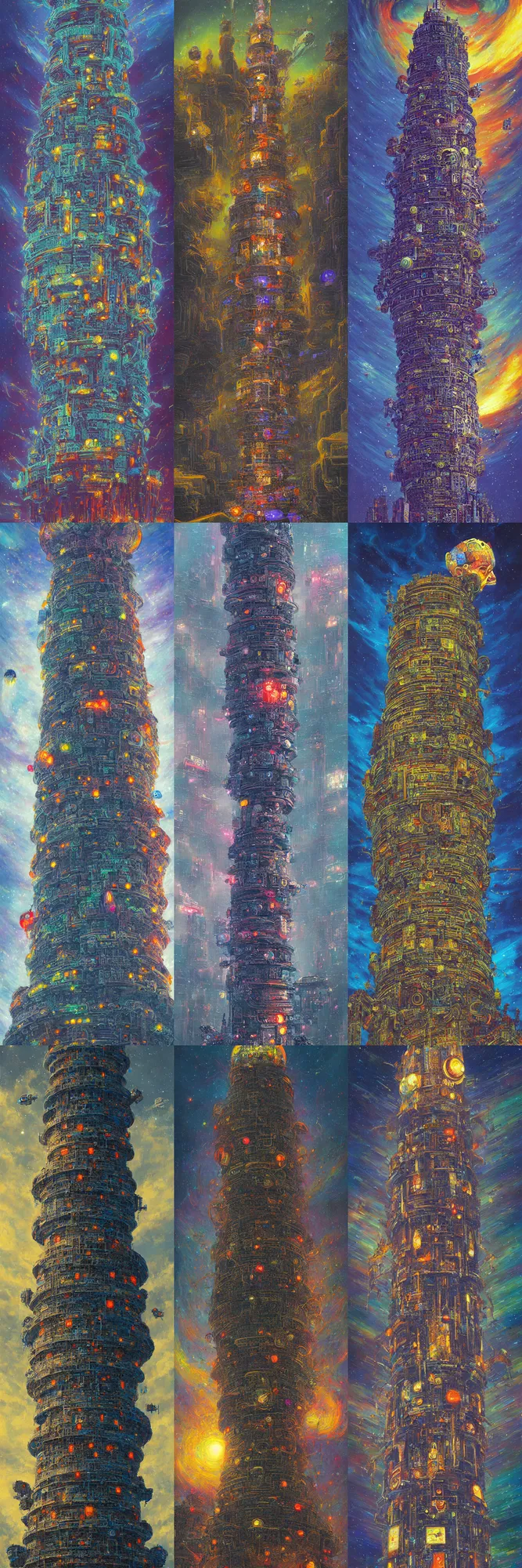 Prompt: a painting of a tower with brains on it, cyberpunk art by Victor Nizovtsev, behance contest winner, space art, cosmic horror, greeble, dystopian art