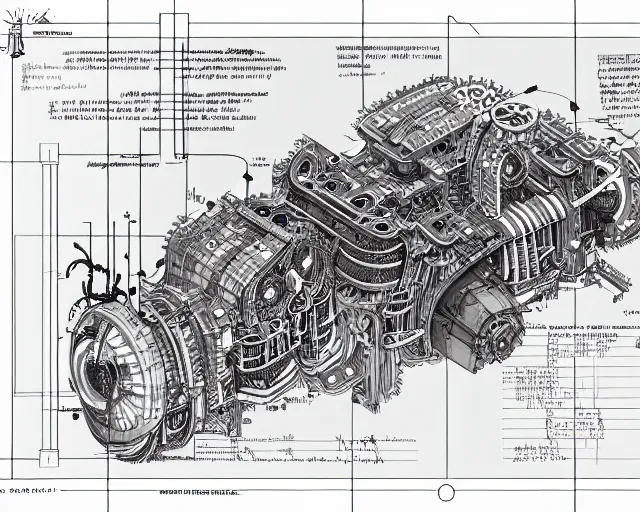 Prompt: a full page of a mechanical blueprint showing a cutaway design for a mechanized woman from howl's moving castle ( 2 0 0 4 ), with a big head, muted colors, post grunge, studio ghibli, hq,