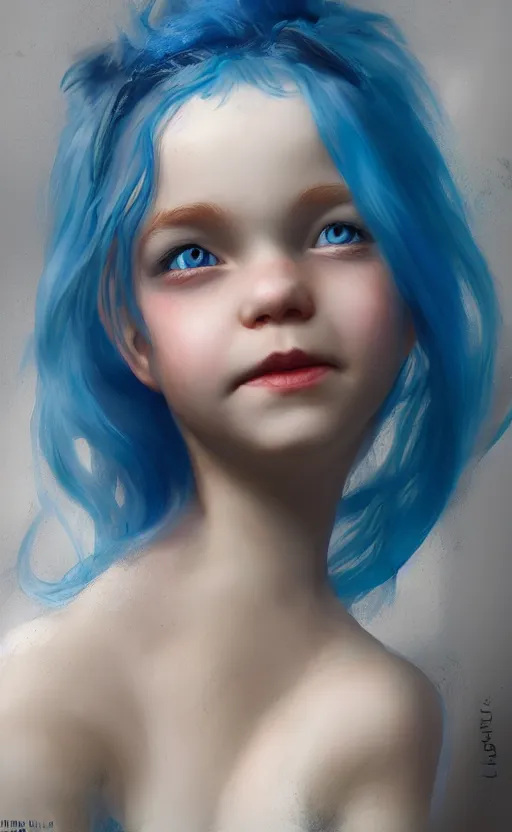 Prompt: little happy girl with blue hair, by Ilya Bondar, 8k, digital art, realistic, ultra detailed, concept art, trending on artstation