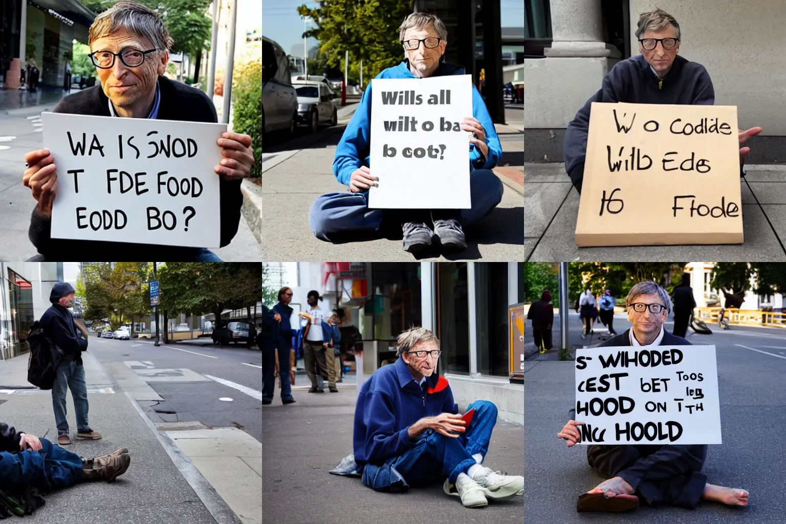 Prompt: photo of a homeless bill gates sat on a sidewalk, holding a sign saying'will code for food'