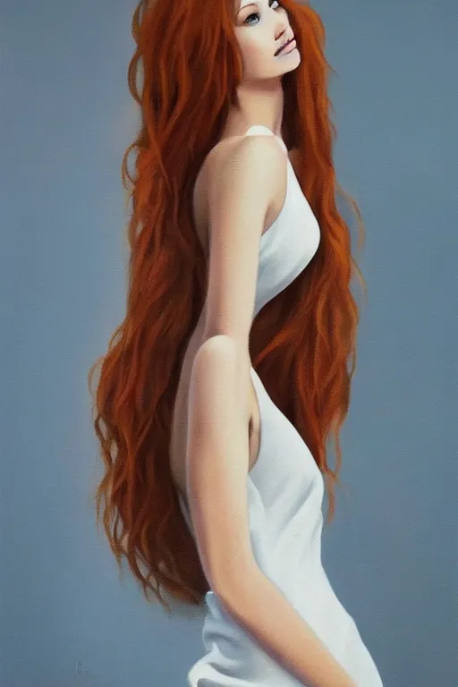 Image similar to ultra realist soft painting of a single beautiful female in a full long curvy slim dress, thin long auburn hair, symmetry accurate features, very intricate details, volumetric lighting, 1970 artstyle