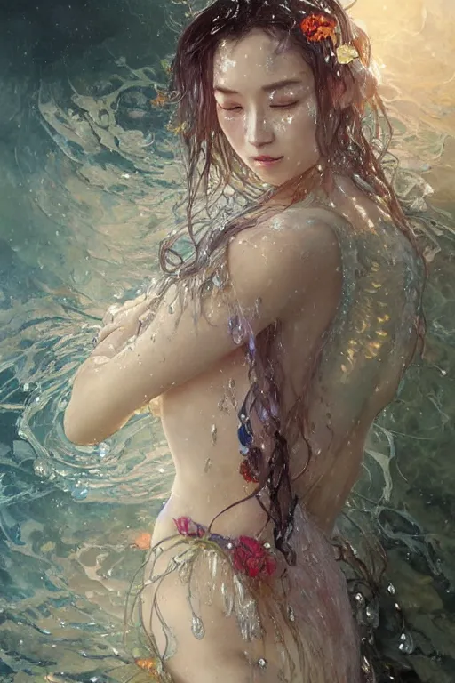 Prompt: portrait of a beautiful woman wearing a kimono, silver hair, drenched body, wet dripping hair, emerging from the water, fantasy, regal, fractal crystal, fractal stone gems, by stanley artgerm lau, greg rutkowski, thomas kindkade, alphonse mucha, loish, norman rockwell