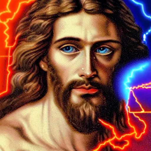 Image similar to Jesus shoot Zeus with red lazers from eyes deep color