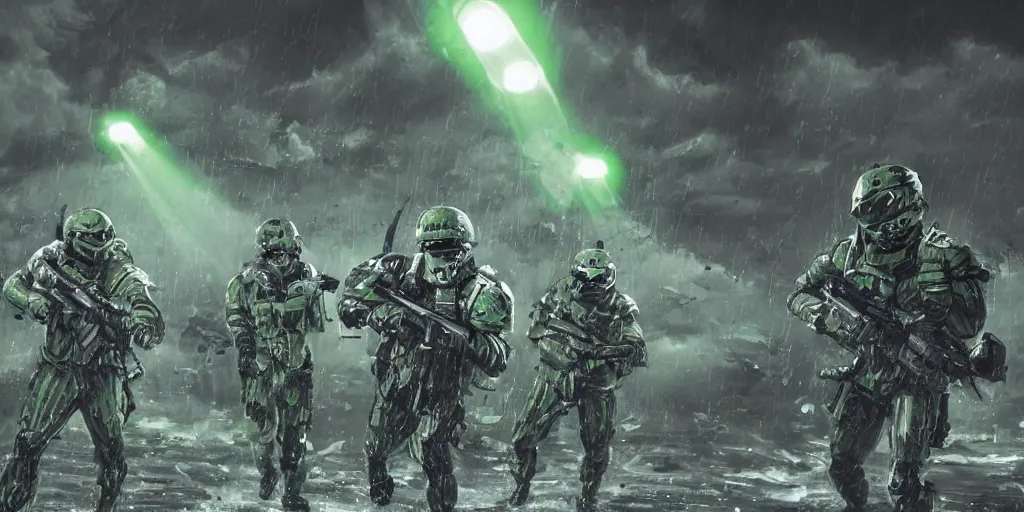 Image similar to A detailed sketch of two guerilla soldiers with green plasma rifles with revolver drums wearing grey armour with dark green stripes and full helmets with dark green visors, night, rain, water drops on the lense, a complicated black spaceship with green lights in the background, realistic 4k octane beautifully detailed render, 4k post-processing, highly detailed, intricate complexity, epic composition, magical atmosphere, cinematic lighting, masterpiece, ultra hd