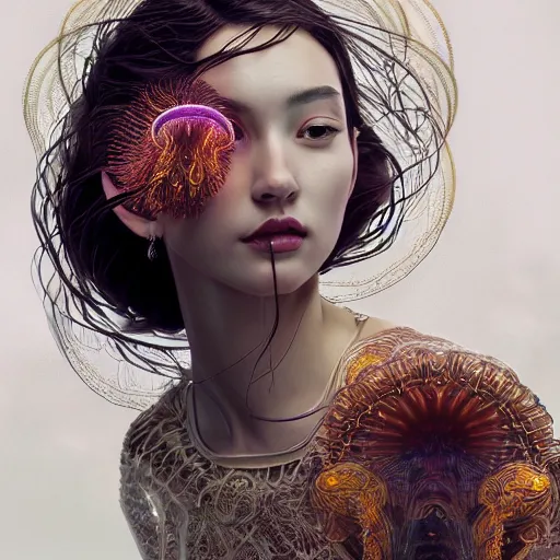 Image similar to goddess portrait. jellyfish phoenix head. intricate artwork by Tooth Wu and wlop and beeple. octane render, trending on artstation, greg rutkowski very coherent symmetrical artwork. cinematic, hyper realism, high detail, octane render, 8k