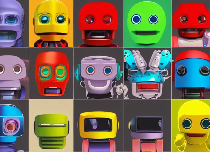 Image similar to 3 rows of 3 framed closeup colorful 3 d - rendered cg face portraits of cute evil robots in the style of osamu tezuka, with a futuristic mechanical background.