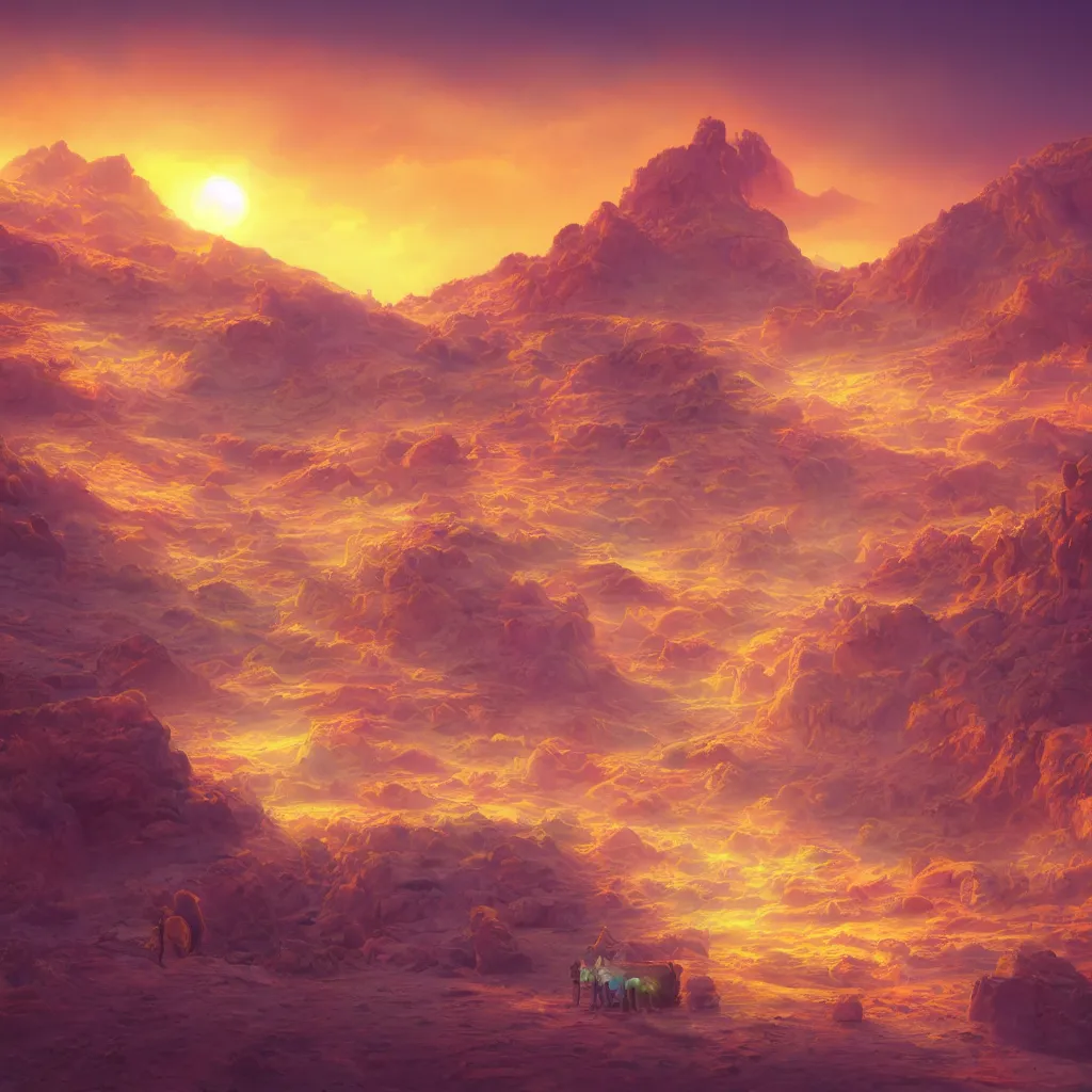 Prompt: desert made from icecream and candies, caramel colorful sun, luminescent sky, handsome, intricate, detailed, volumetric lighting, scenery, digital painting, highly detailed, artstation, sharp focus, illustration, 8 k, hyper realistic, magic world